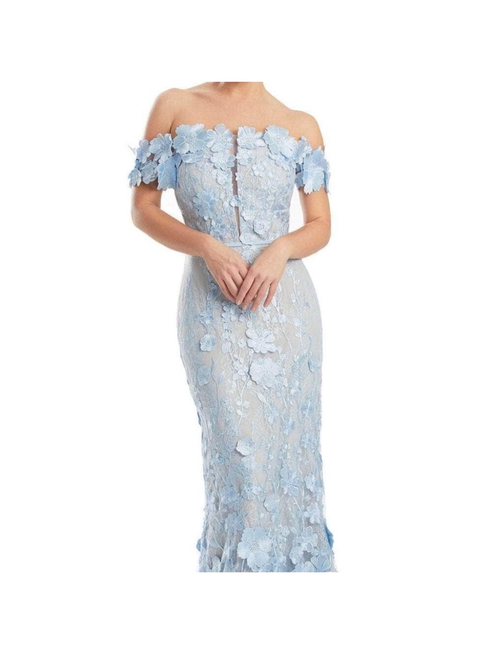 Elegant Off-Shoulder Light Blue Floral Appliqué Dress